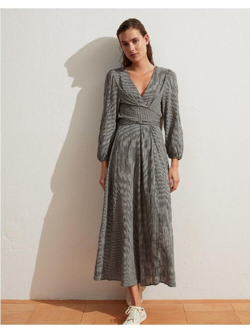 Oysho Womens Wrap Dress XS Blue Gingham Check Puff Sleeve Midi 1952/190 NWT